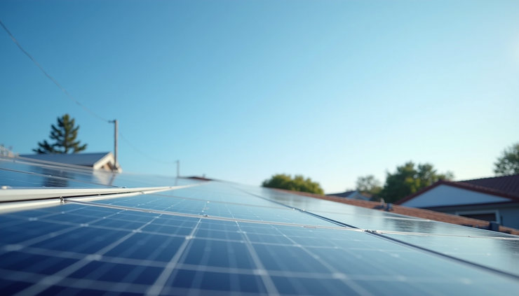 Eye-level view of a clean solar panel array on a rooftop under clear skies