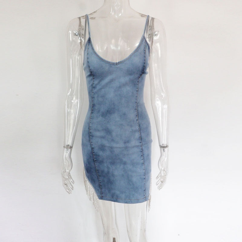 Beyprern Sparkle Silver Sequins Fringe Denim Dress
