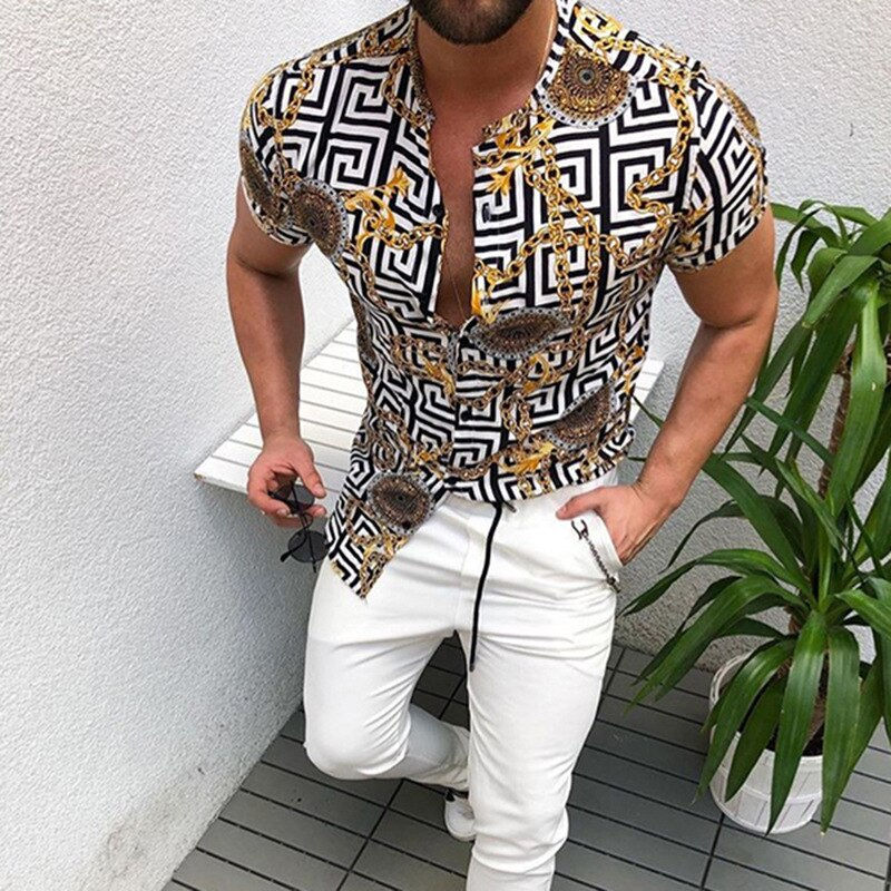 Fashion Men's Striped Printed Short Sleeve Shirt Hawaiian