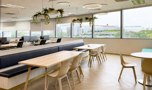 Corporate blue palette translated into a modern workplace experience