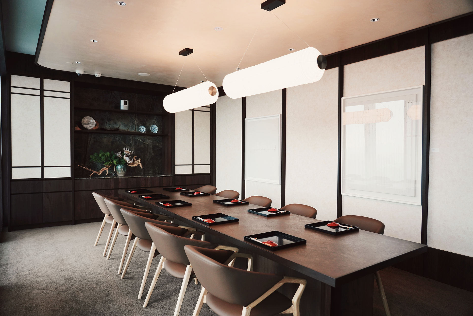Omakase dining counter within refined Japenese restaurant interior