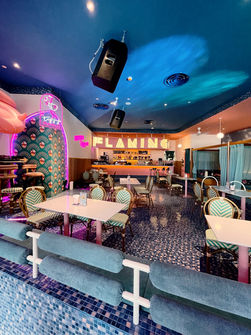 Soft pink tones and vibrant accents inspired by the Flamingo lagoon concept