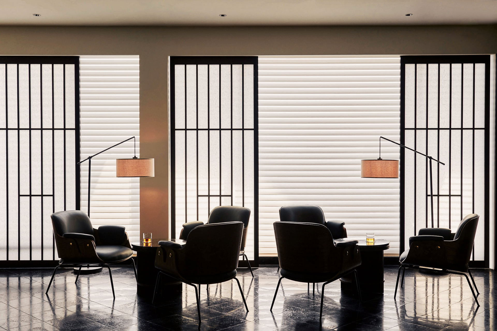 Refined seating arrangement within contemporary kaiseki dining environment