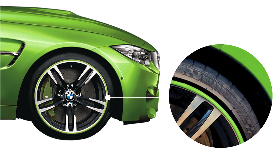 A car features a sleek AlloyGator protector on its wheel, enhancing style while safeguarding the rims from curb damage.