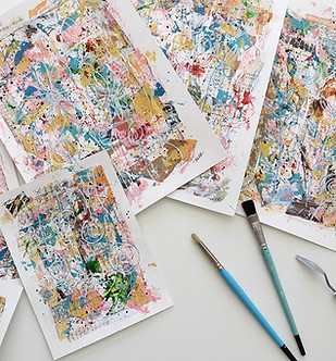 a display of six artworks from the Garden Escape mixed media collection in teals and pinks, with floral illustrations.