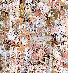 mixed media collage in soft pinks and vibrant hues and features the word “Thoughtful”