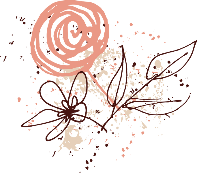 Floral bouquet with pink and brown flowers with splatters of color in the background