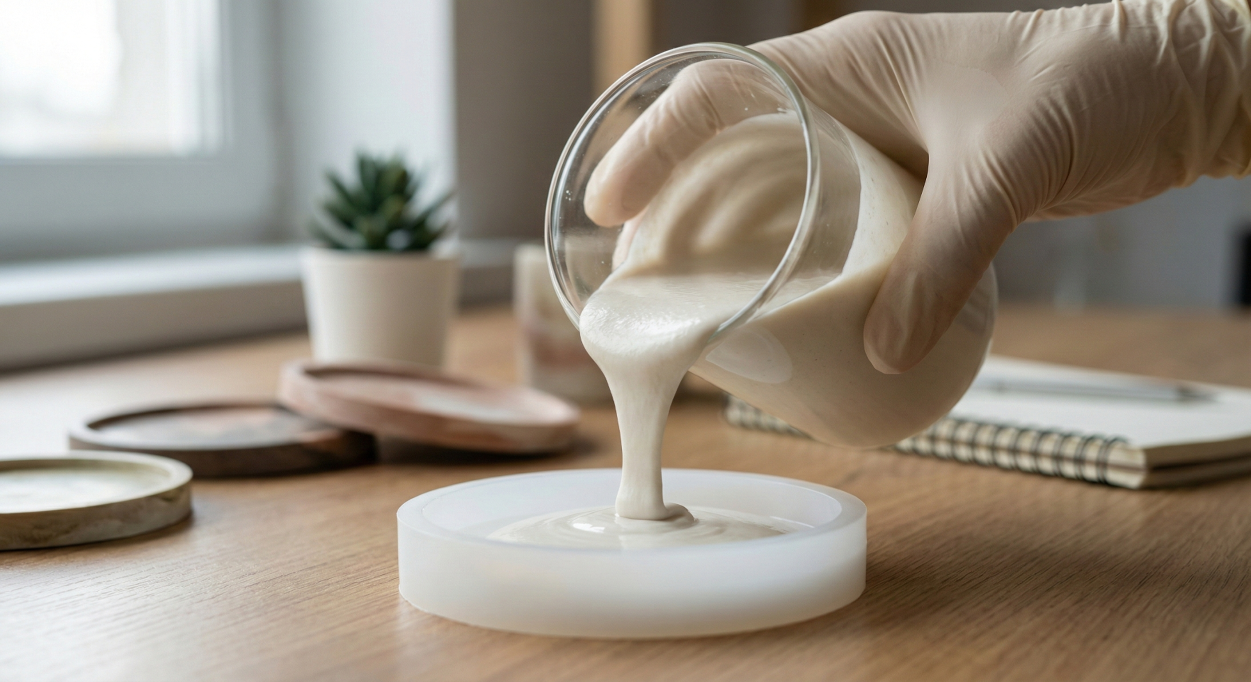 Eco resin being poured into a mold showing its smooth texture and suitability for indoor use in India