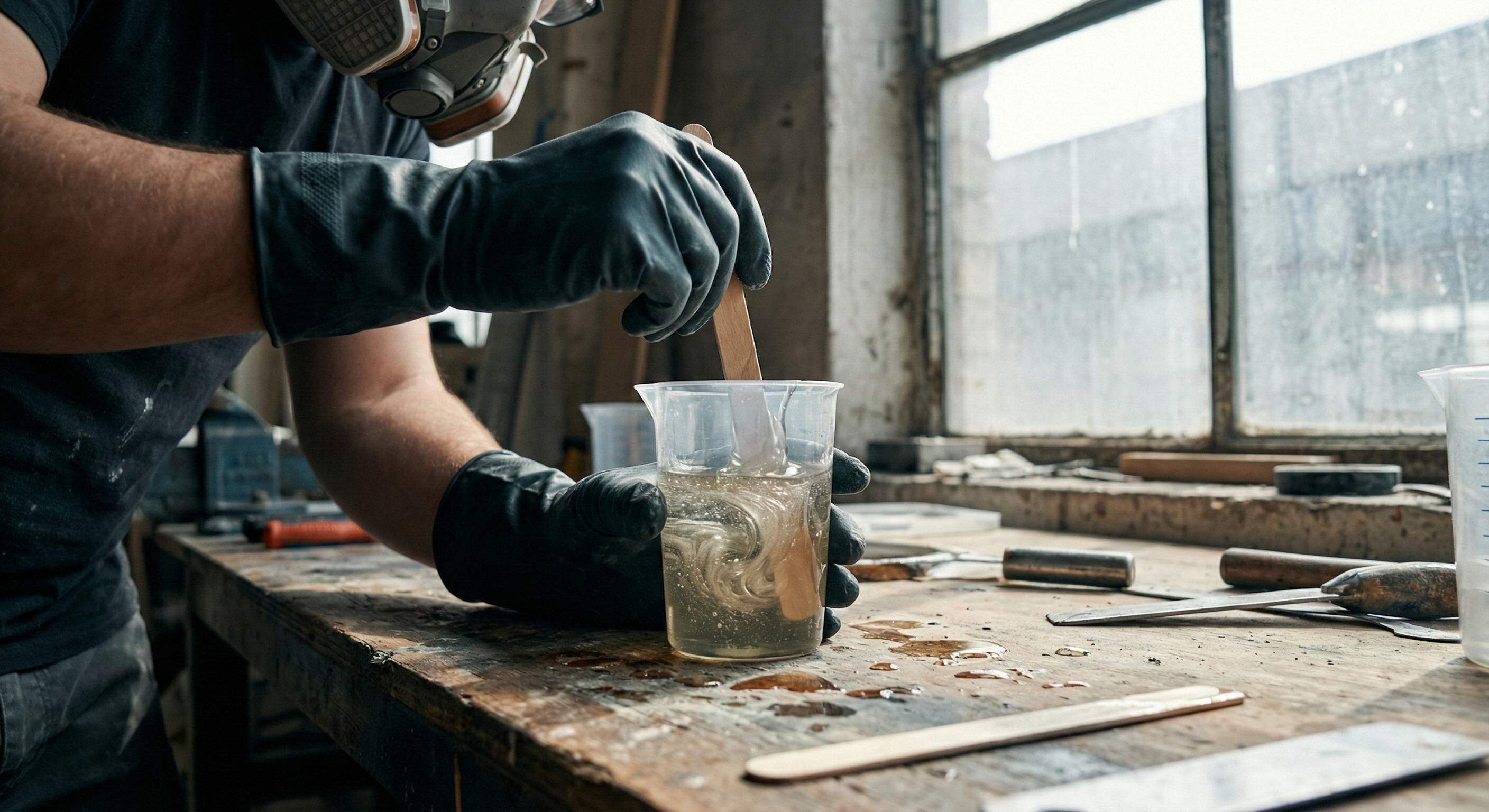 Epoxy resin being mixed with hardener using gloves and mask, highlighting safety precautions required for epoxy resin