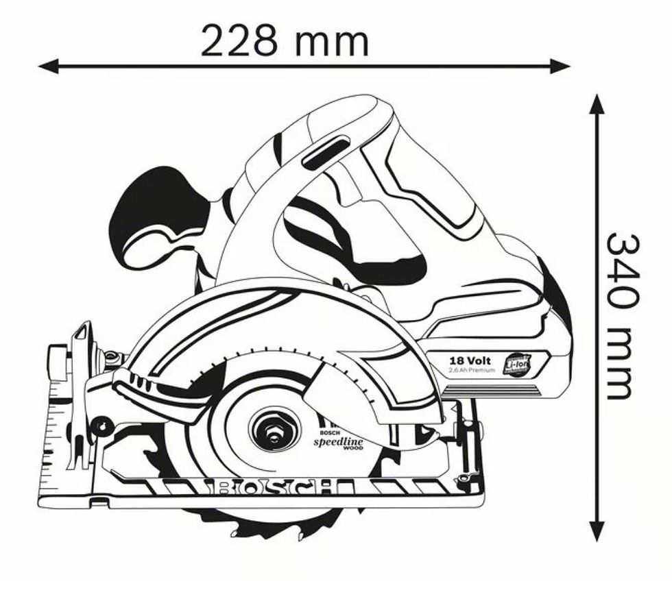 Thumbnail: Black and White Diagram of the Bosch 18V Cordless Circular Saw (GKS 18V-Li) 6.0 Ah with dimensions