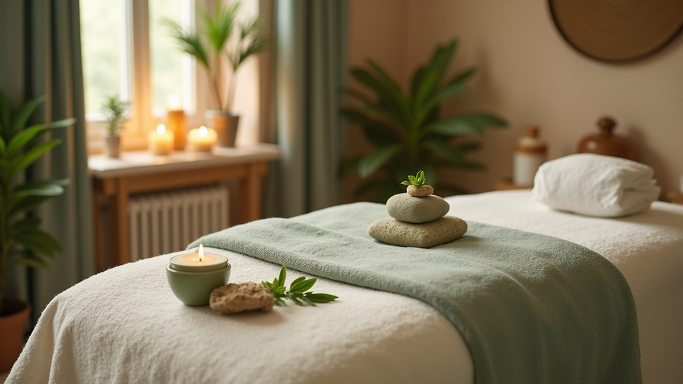 Eye-level view of a cozy massage therapy room with soft lighting