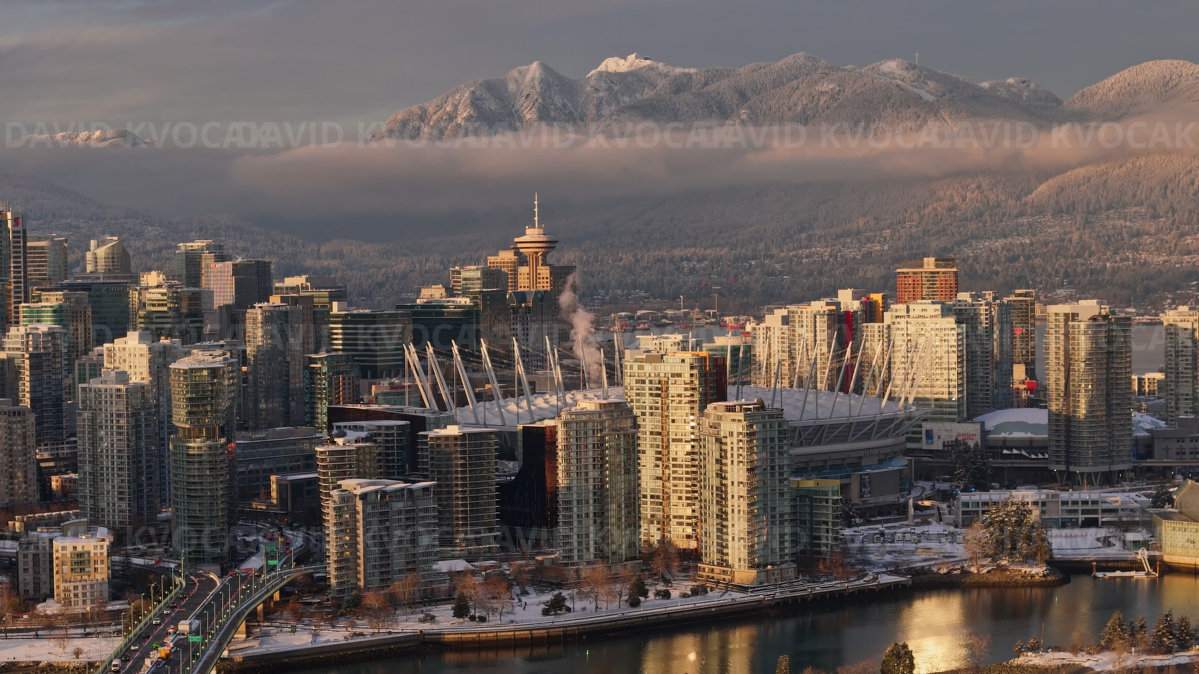 Winter morning over BC Place, aerial drone footage