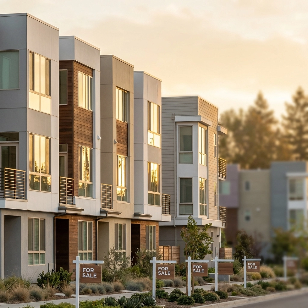 Modern townhouses with reflective windows at sunset, lined up with "For Sale" signs. Trees are in the background. Peaceful mood.