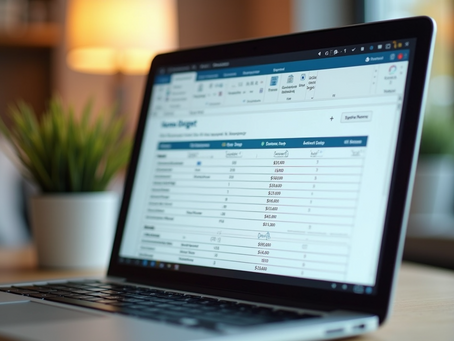 Eye-level view of a laptop screen showing a home budget spreadsheet