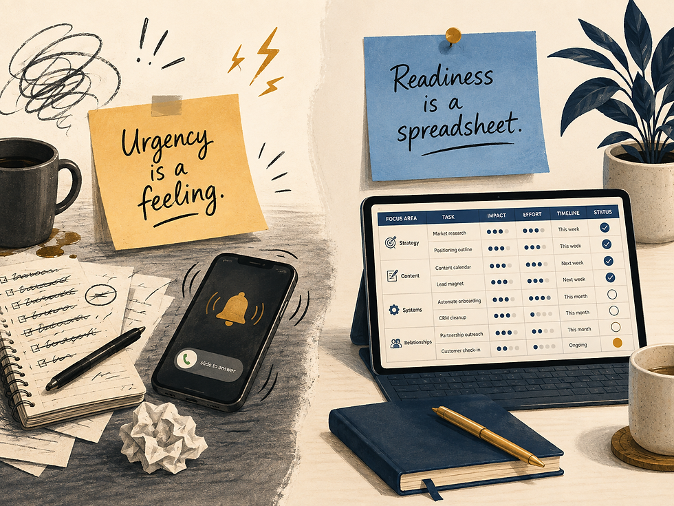 Balancing Emotion and Organization: The image contrasts the chaos of urgency, depicted by a frantic phone alert and messy notes, with the calm preparation of readiness, shown through an organized spreadsheet on a tablet.