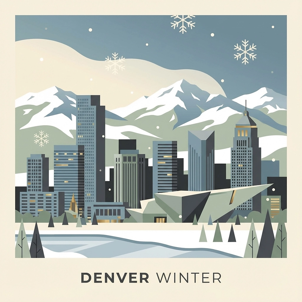 Modern cityscape against snow-capped mountains, snowflakes falling. Text reads "DENVER WINTER". Cool tones create a serene winter mood.