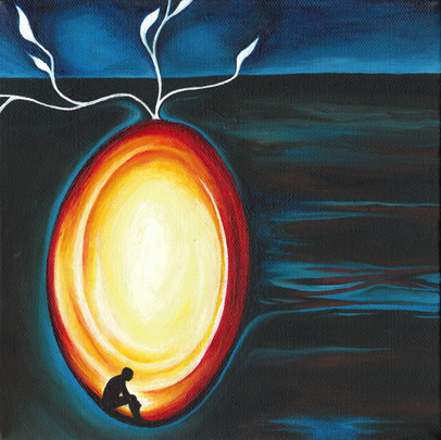 Silhouette of a person sitting in a glowing orange-yellow circle, with white leaves above. Dark, abstract blue background. Emotion: introspective.