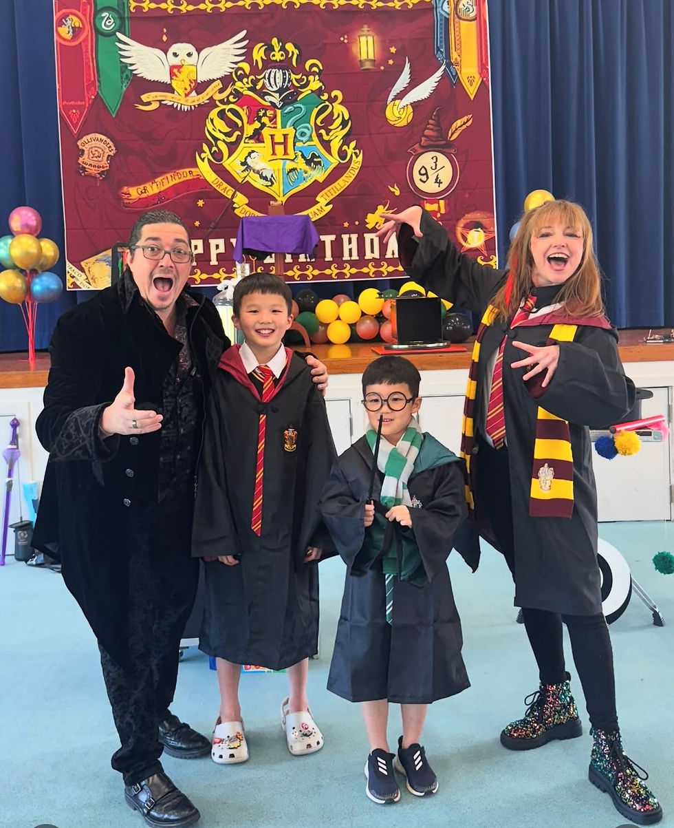 Magic Mona and Ari Phillips Magician performing a Harry Potter kids magic show at a birthday party in Auckland