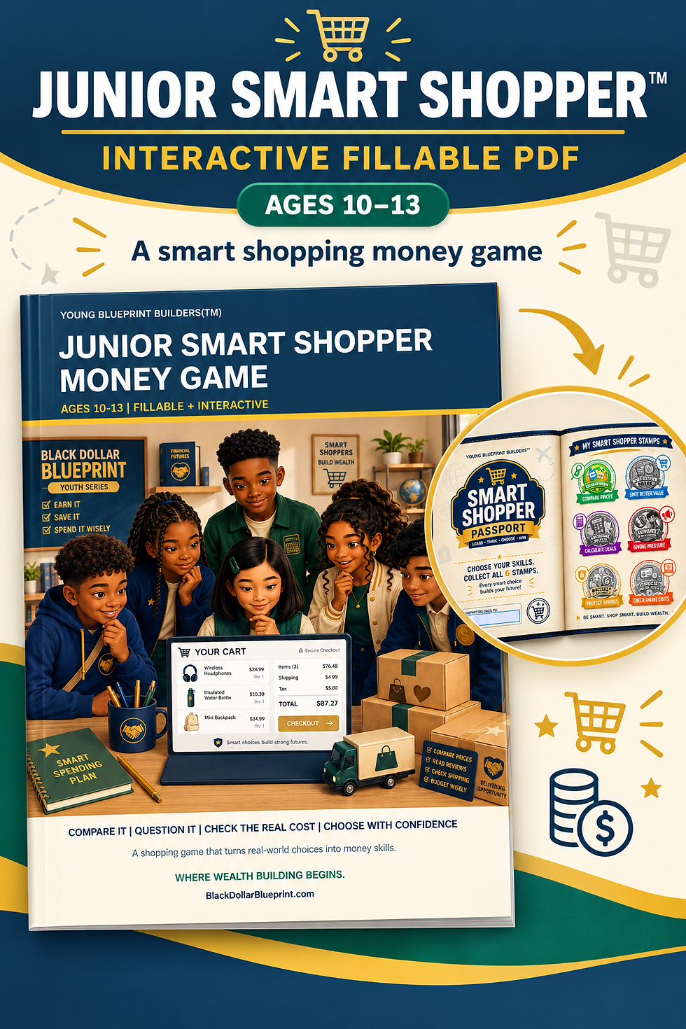 Junior Smart Shopper for ages 10-13, with children shopping online on the workbook cover and a Smart Shopper Passport.