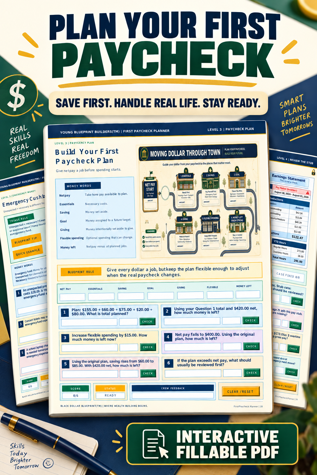 First Paycheck Planner preview of budgeting, emergency savings, and pay-stub review worksheets.