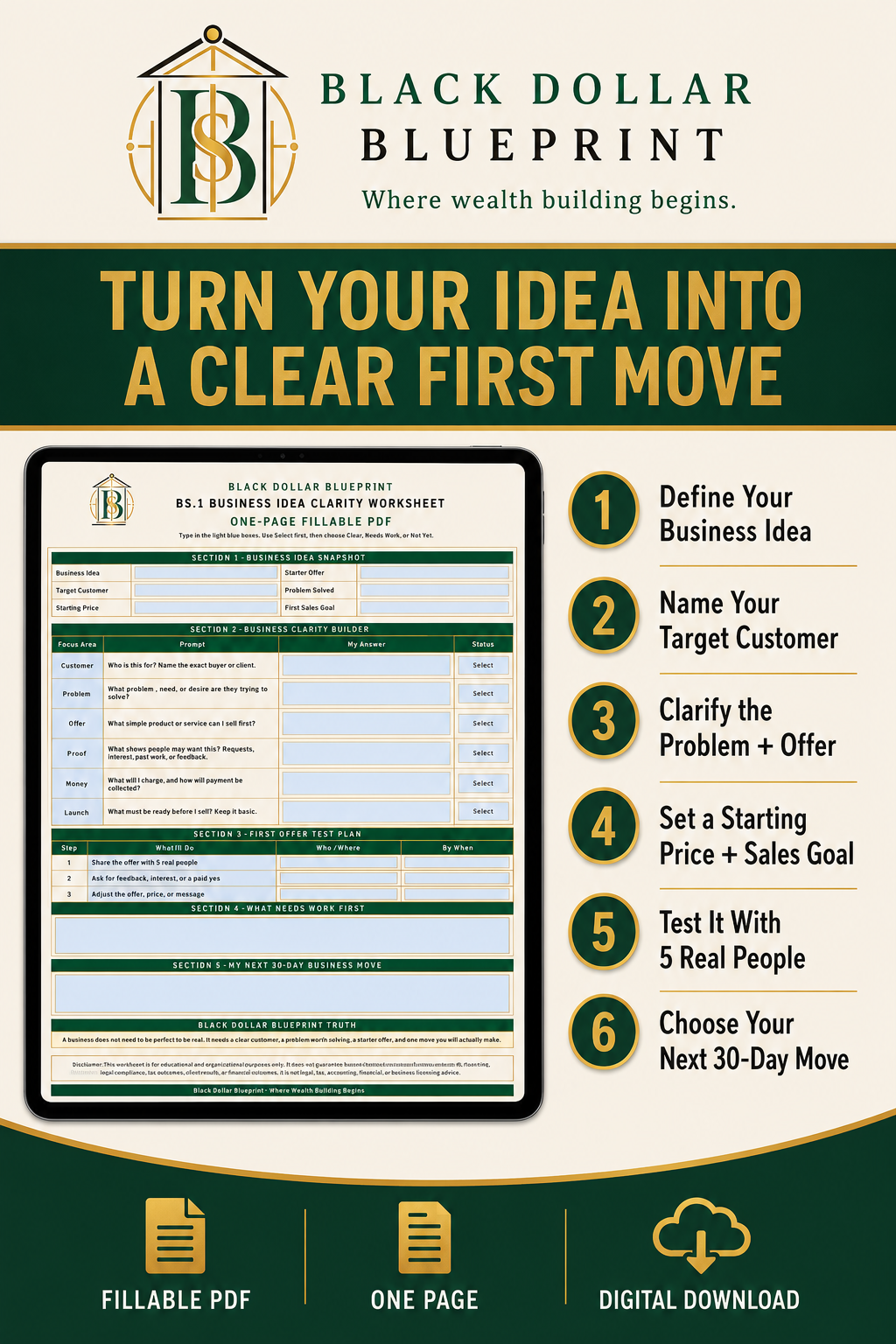 Business Idea Clarity Worksheet PDF by Black Dollar Blueprint
