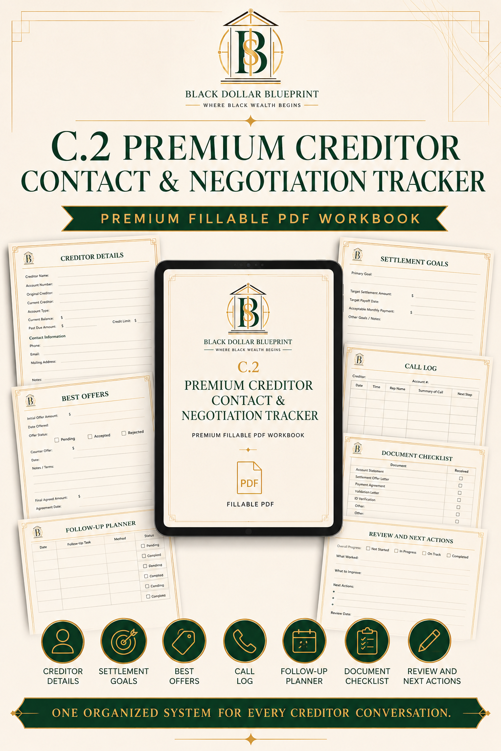 C.2 Premium Creditor Contact & Negotiation Tracker, Fillable PDF Workbook interior page preview.
