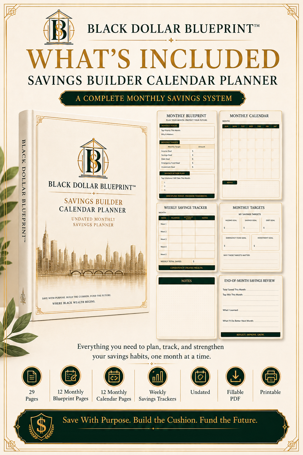 Black Dollar Blueprint Savings Builder Calendar Planner features