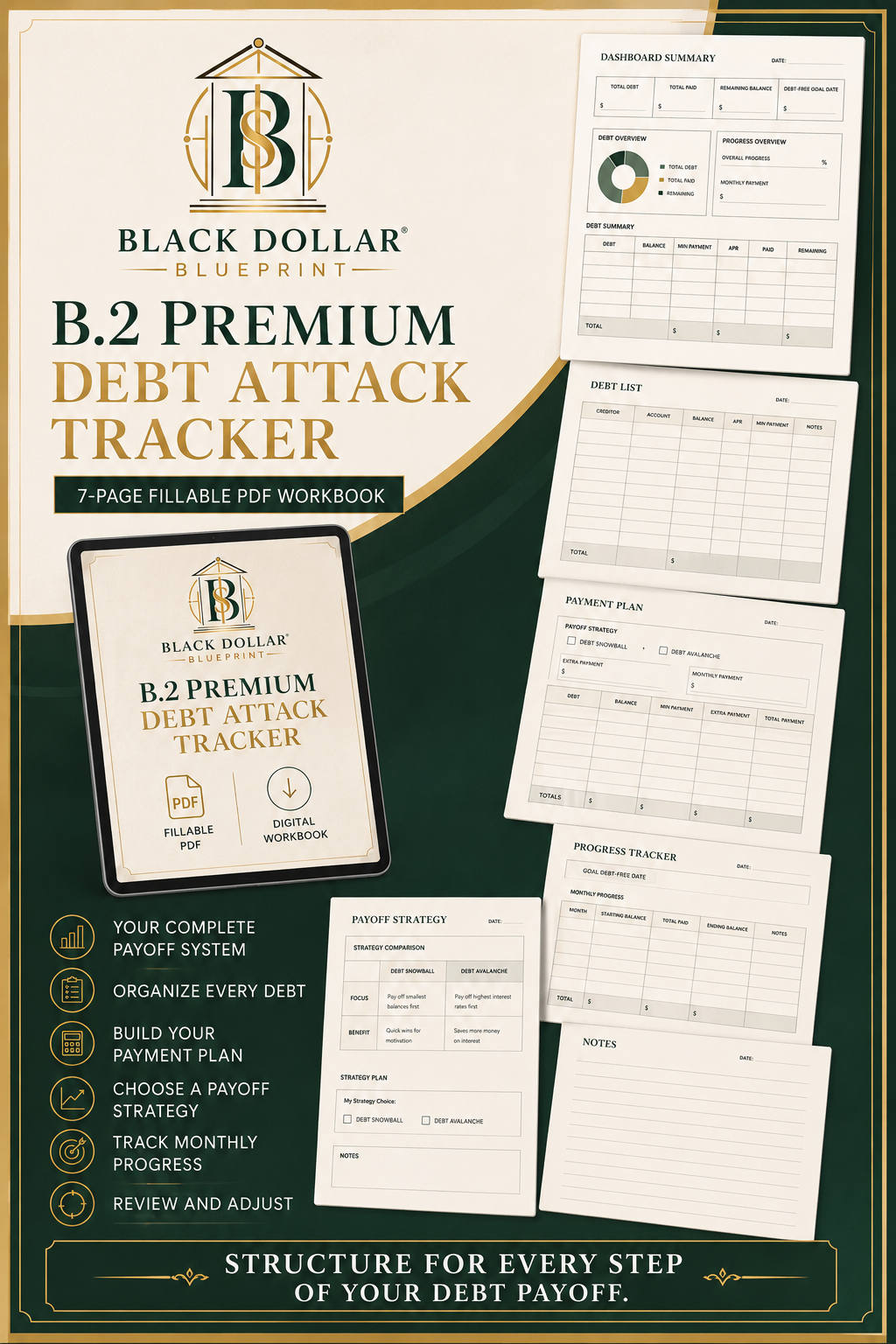 Premium Debt Attack Tracker PDF Workbook pages overview