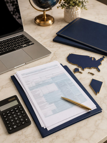 Tax preparation services documents on a desk with calculator.