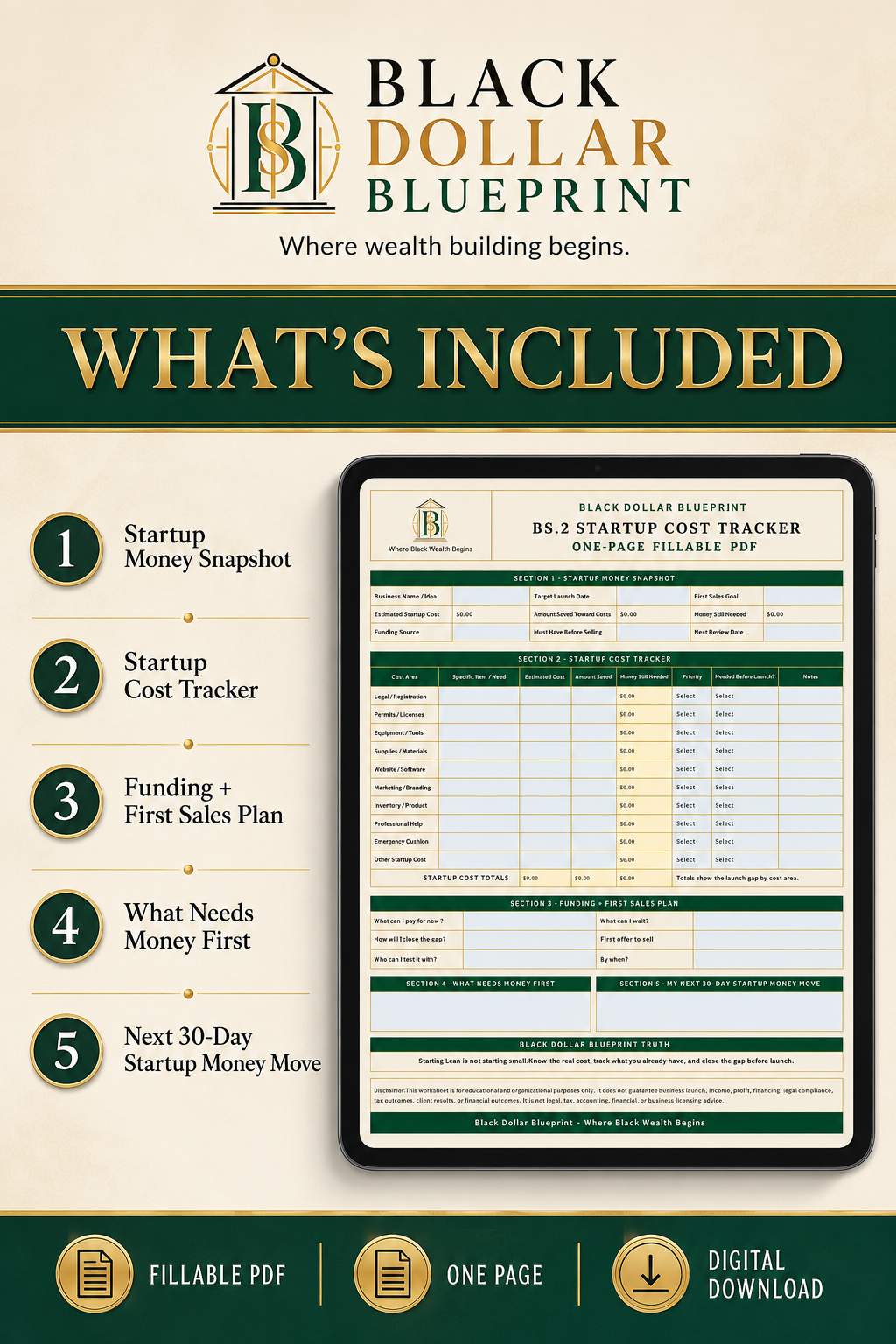 BS.2 Startup Cost Tracker, One-Page Fillable PDF Worksheet