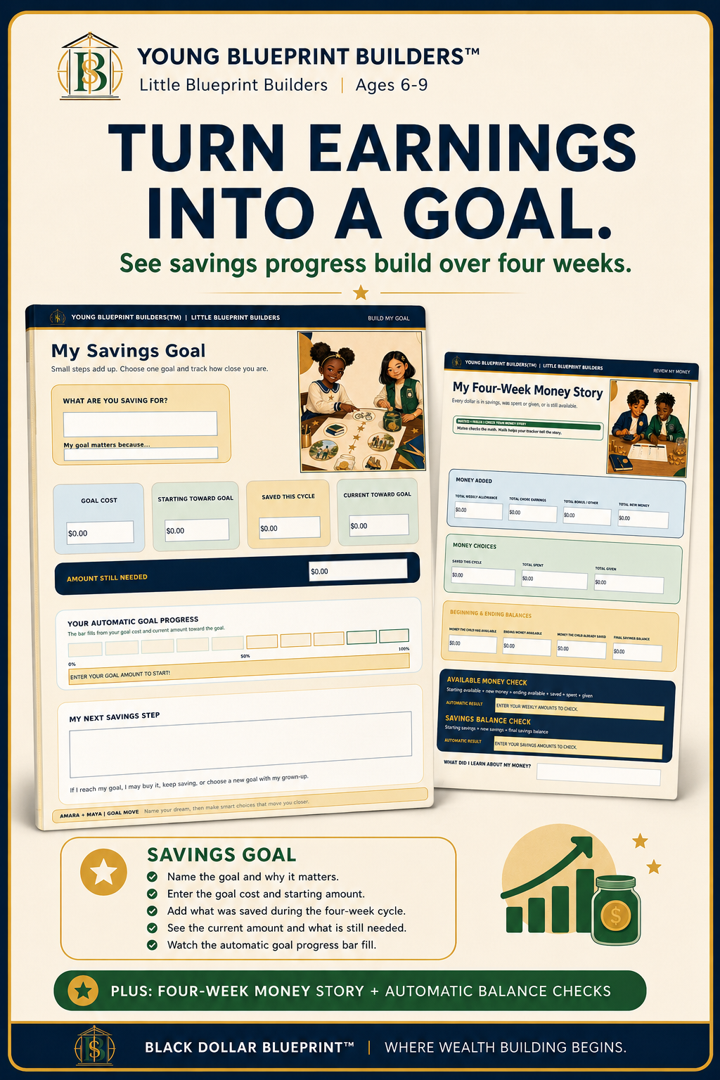 Four-week allowance and savings tracker showing kids how to earn, track money, make choices, and review progress.
