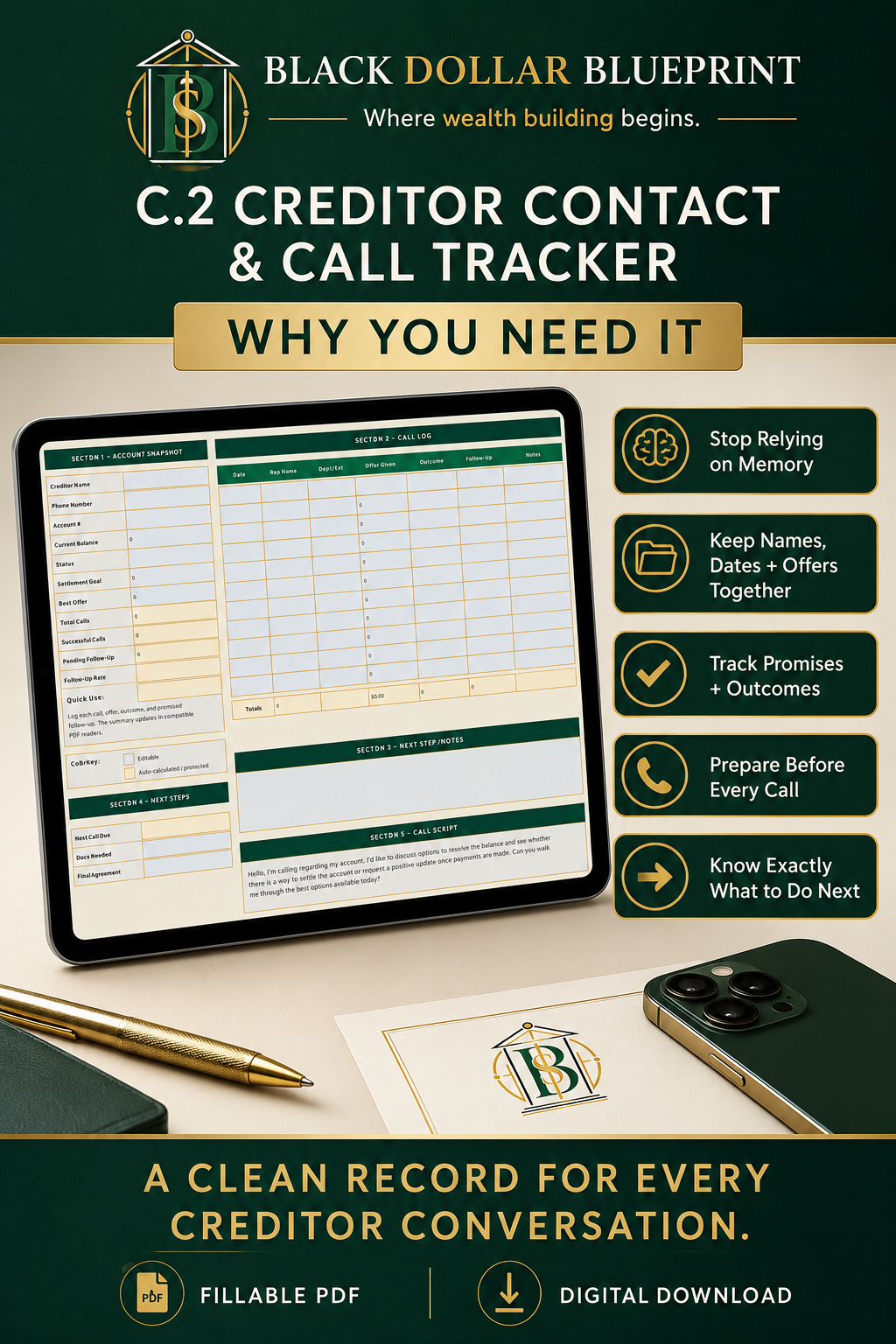Creditor Contact Call Tracker PDF fillable worksheet mockup