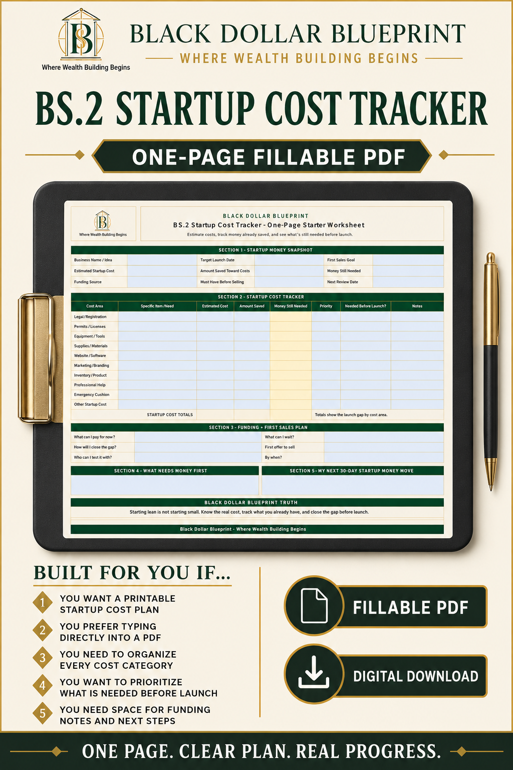 BS.2 Startup Cost Tracker, One-Page Fillable PDF Worksheet