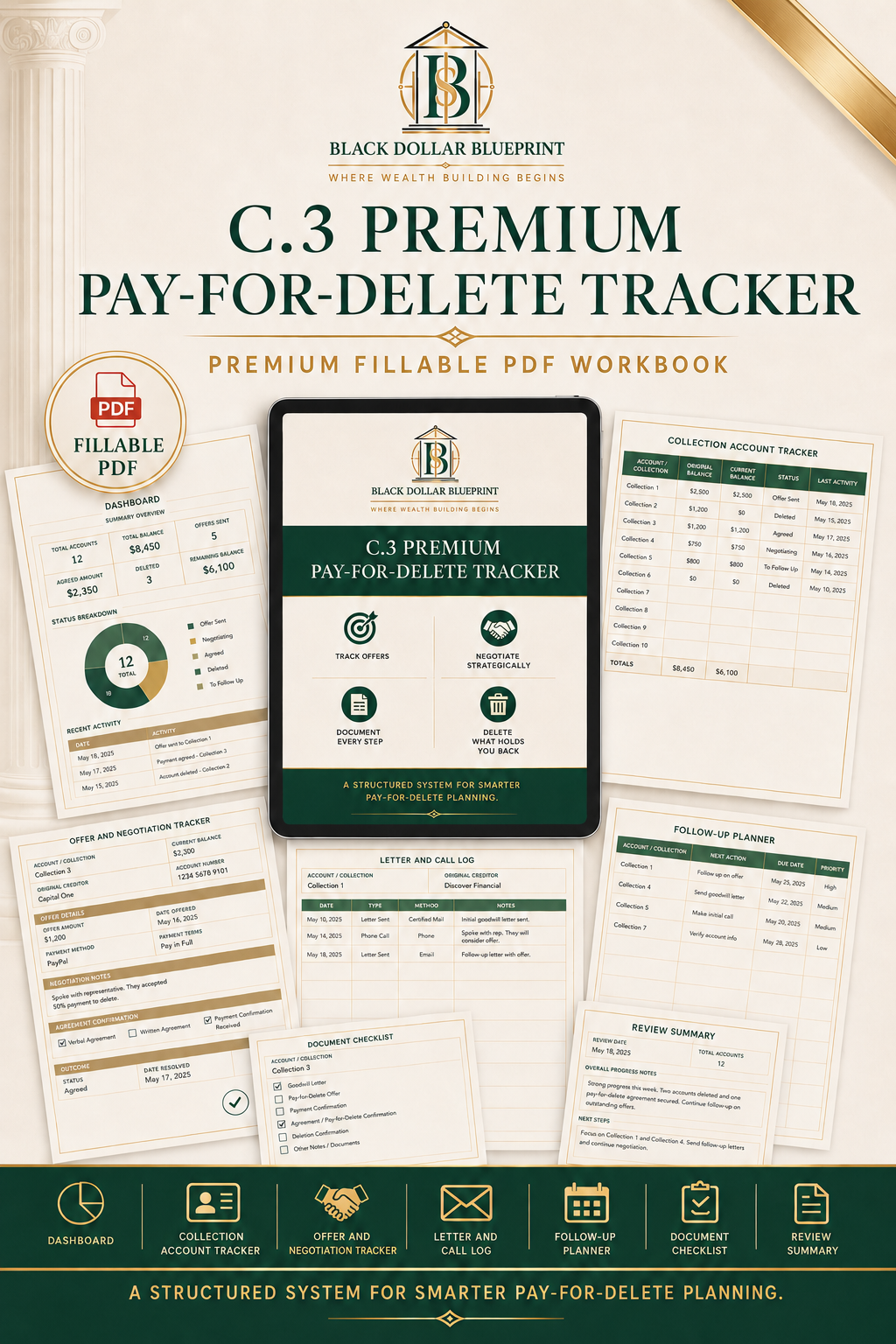 Premium Pay-for-Delete Tracker PDF Workbook cover and pages