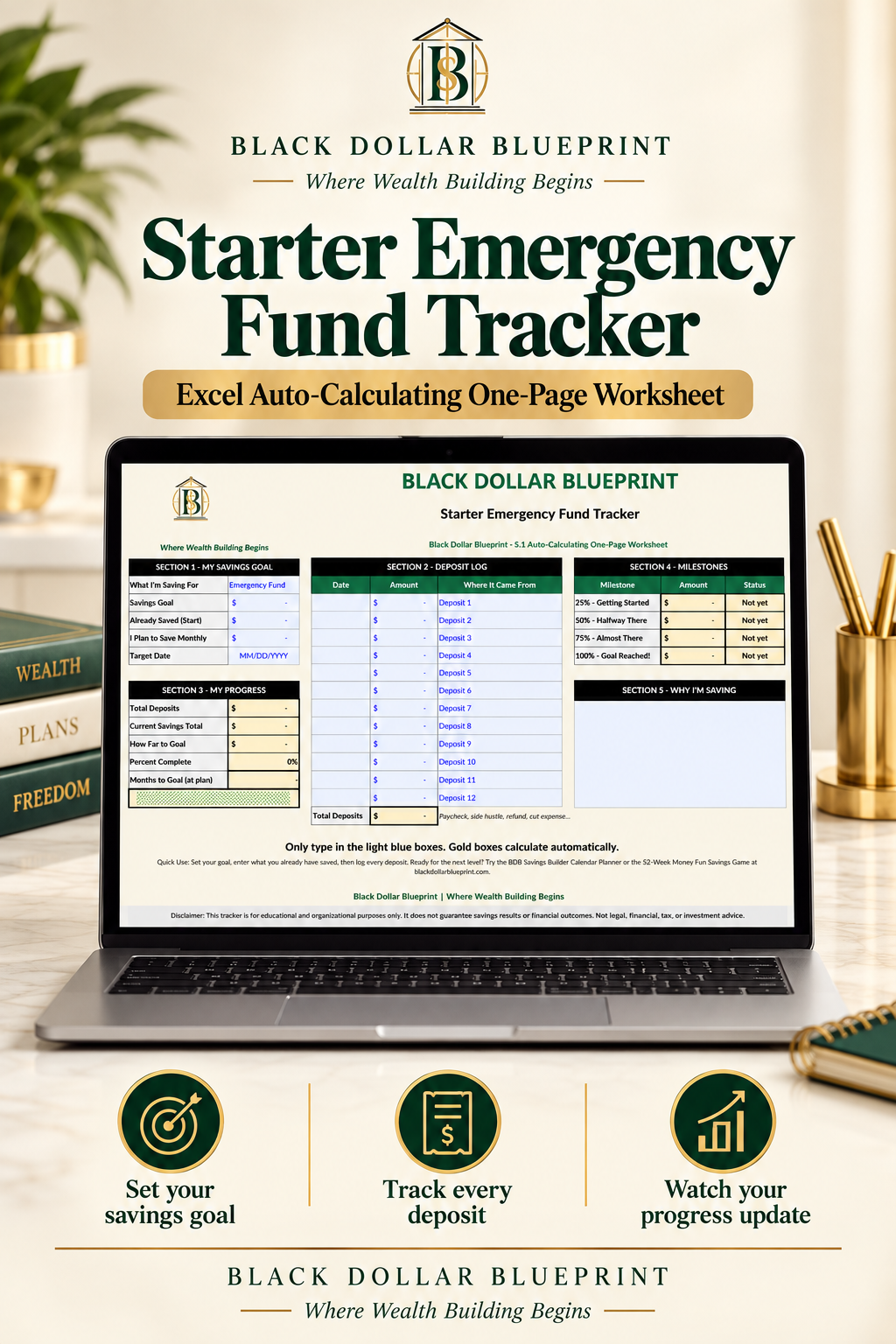 S.1 Starter Emergency Fund Tracker, One-Page Excel Worksheet
