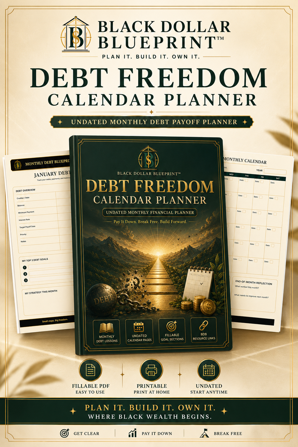 BDB Debt Freedom Calendar Planner book cover and pages