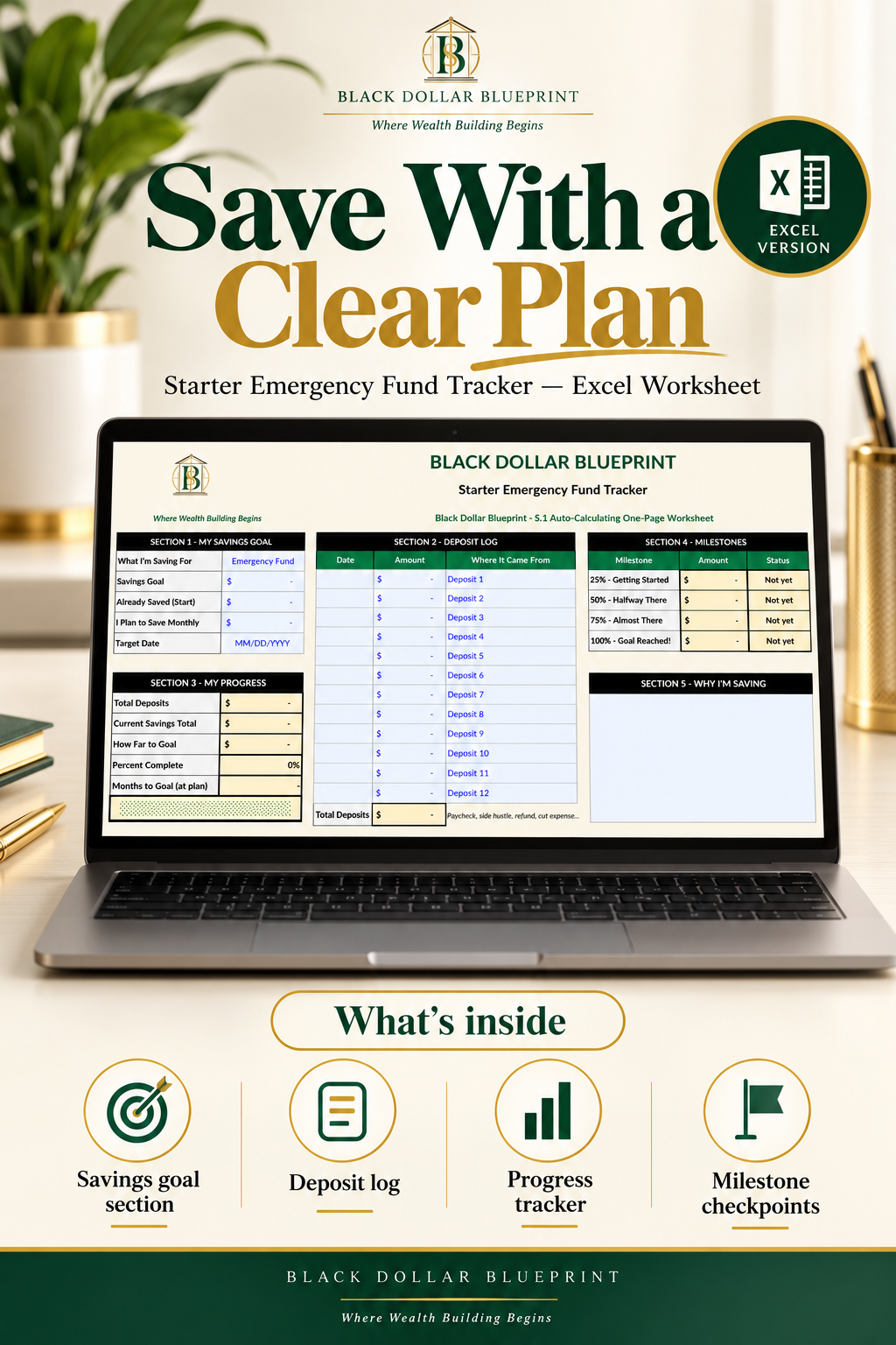 S.1 Starter Emergency Fund Tracker, One-Page Excel Worksheet