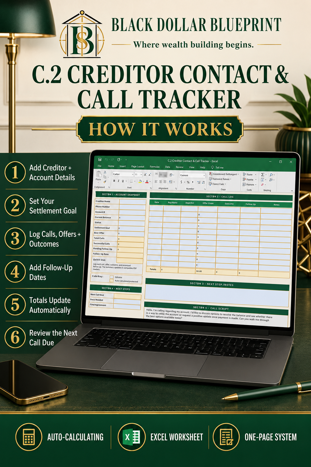 Creditor Contact Tracker Excel Worksheet on a laptop screen