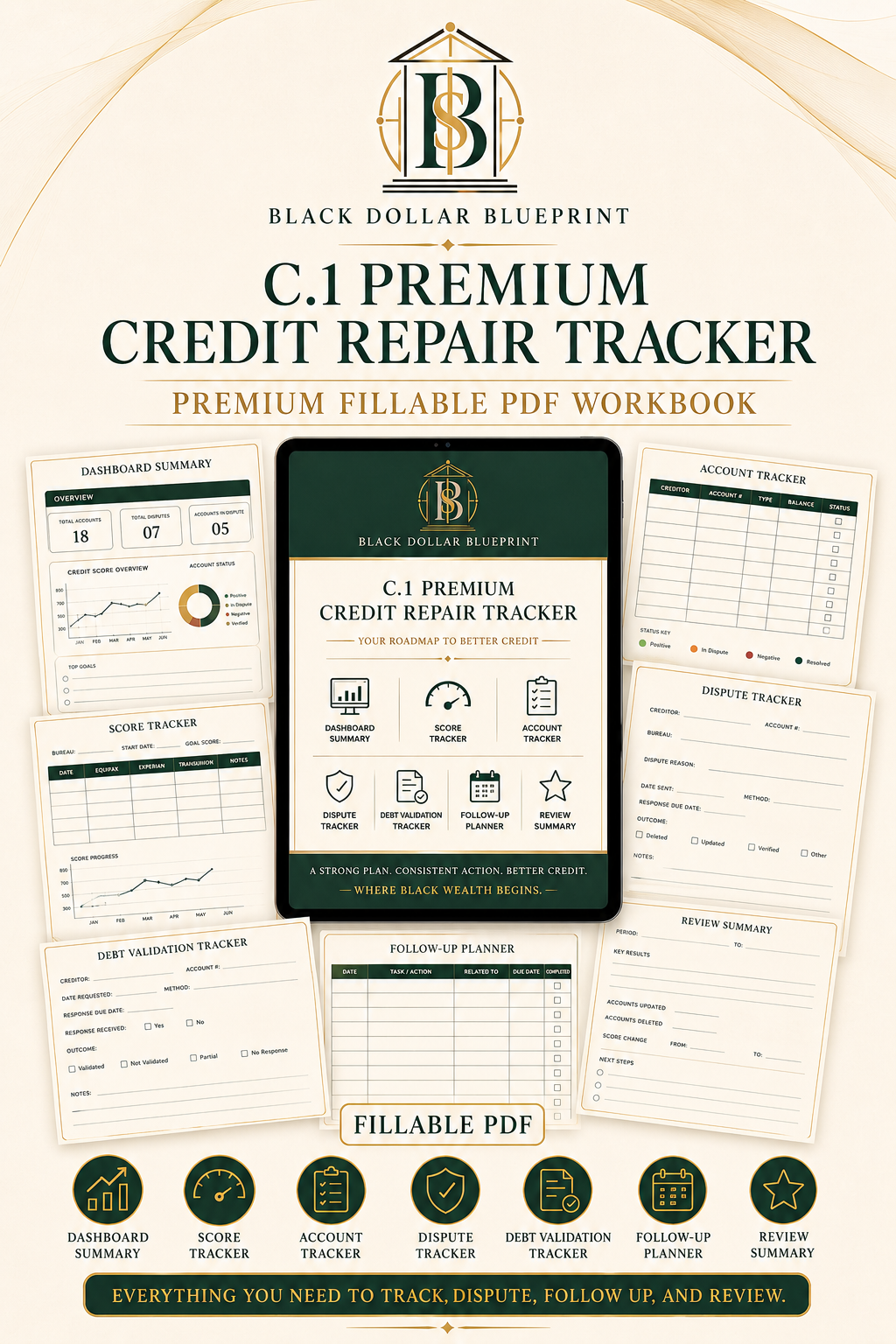 C.1 Premium Credit Repair Tracker, Fillable PDF Workbook