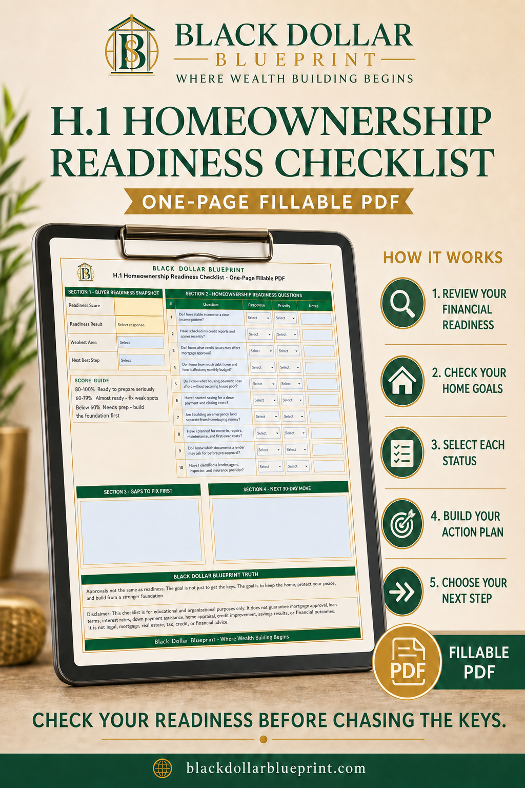 H.1 Homeownership Readiness Checklist, One-Page Fillable PDF
