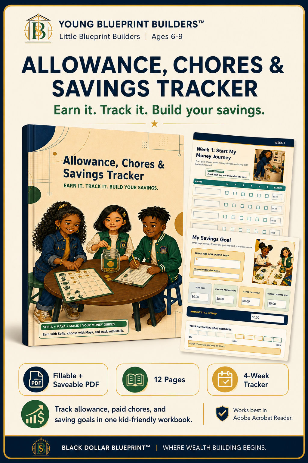 Allowance, Chores & Savings Tracker fillable PDF for kids ages 6–9 with Blueprint Crew money learning activities.