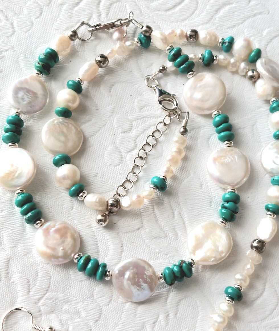 Thumbnail: Cultured Pearl & Turquoise 3 Pc. Sterling Silver  Necklace Set