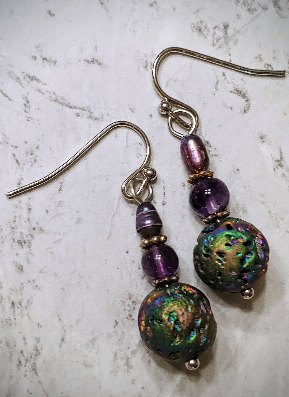 Thumbnail: Amethyst and Pearl  Lava Stone Earrings