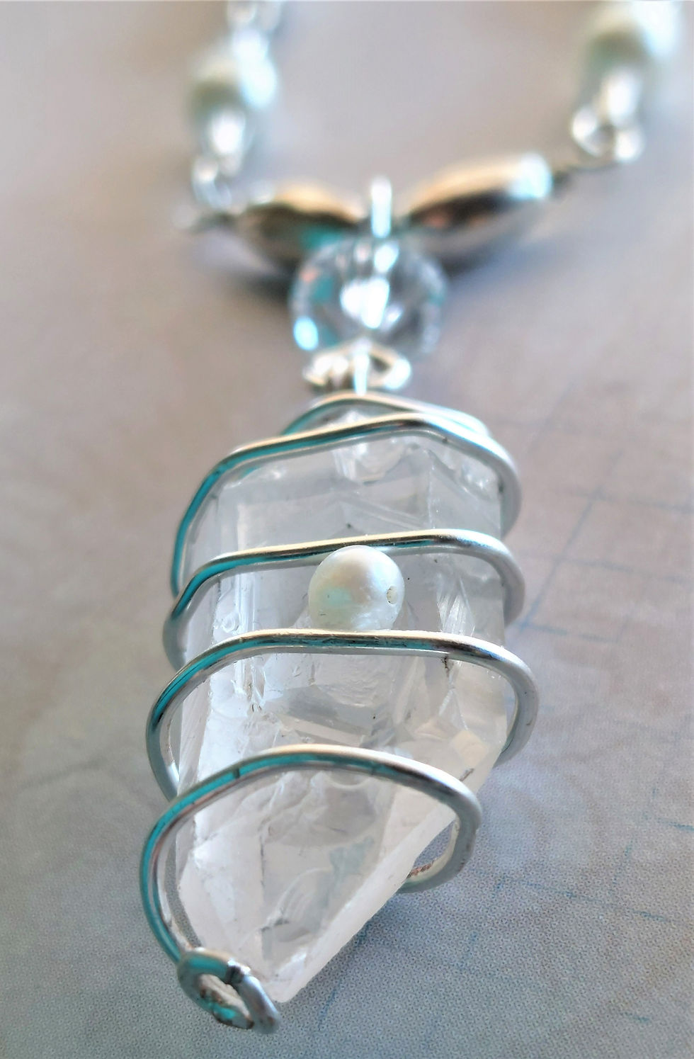 Thumbnail: Wire Wrapped Crystal & Pearl Necklace