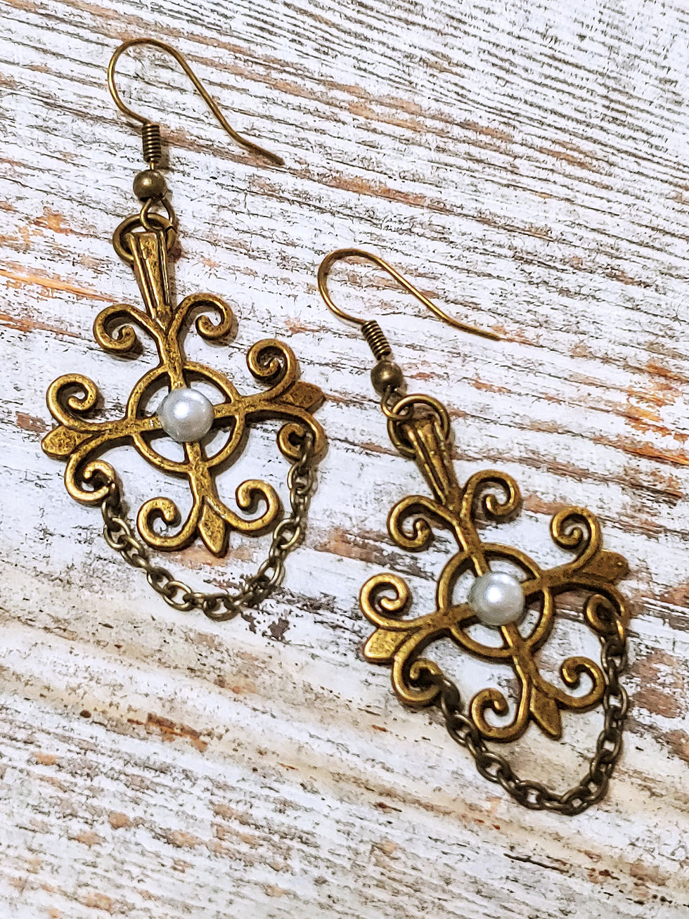 Thumbnail: Brass Cross & Pearl Earrings