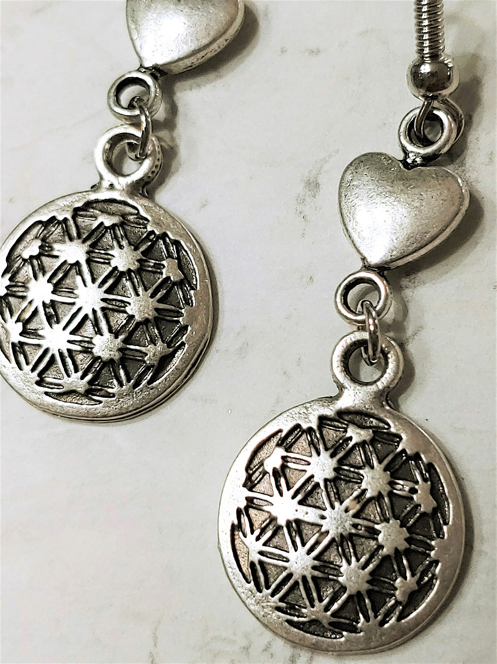 Thumbnail: Silver Flower of Life & Heart Earrings