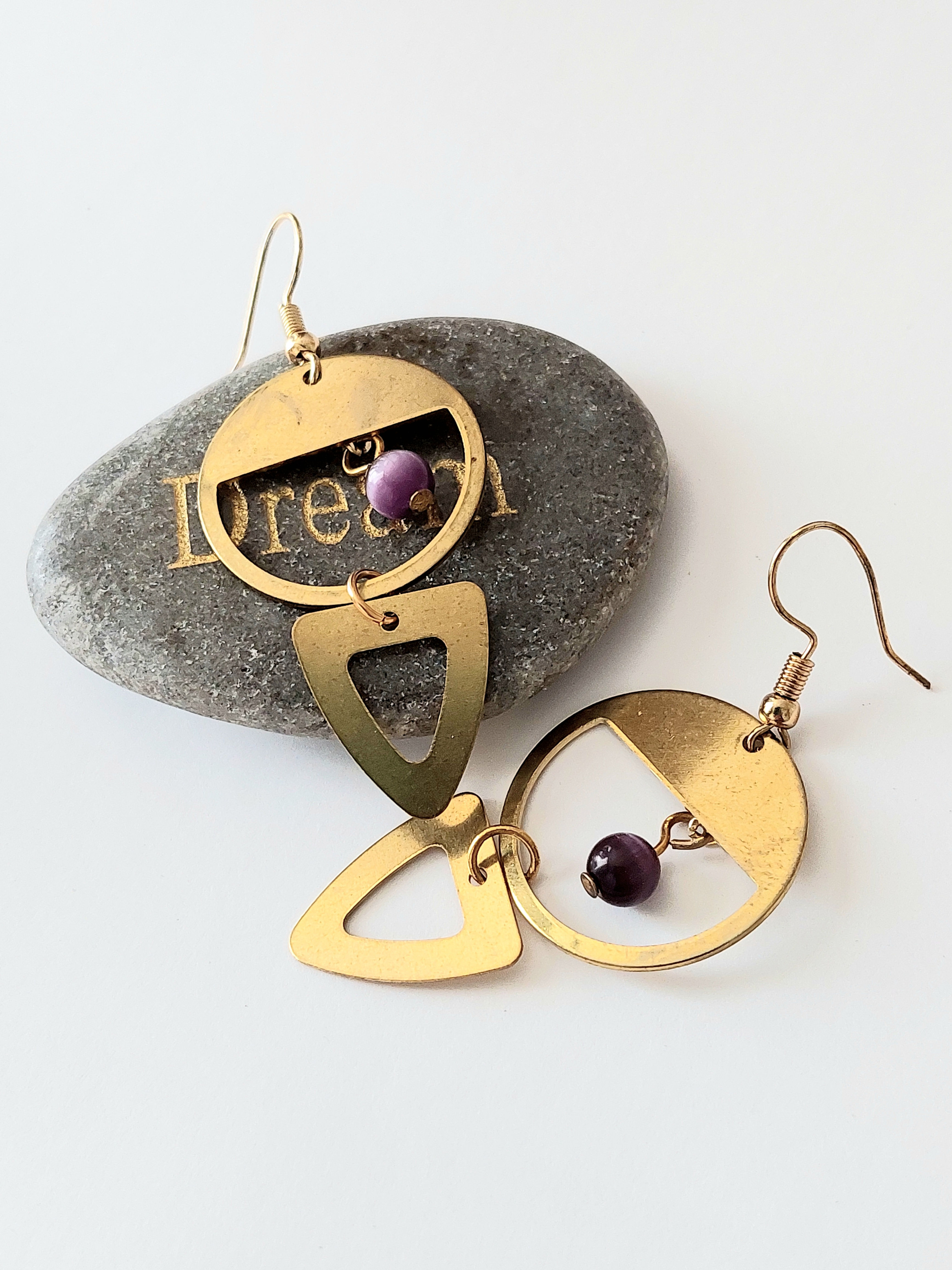 Brass & Purple Modern-Shaped Earrings