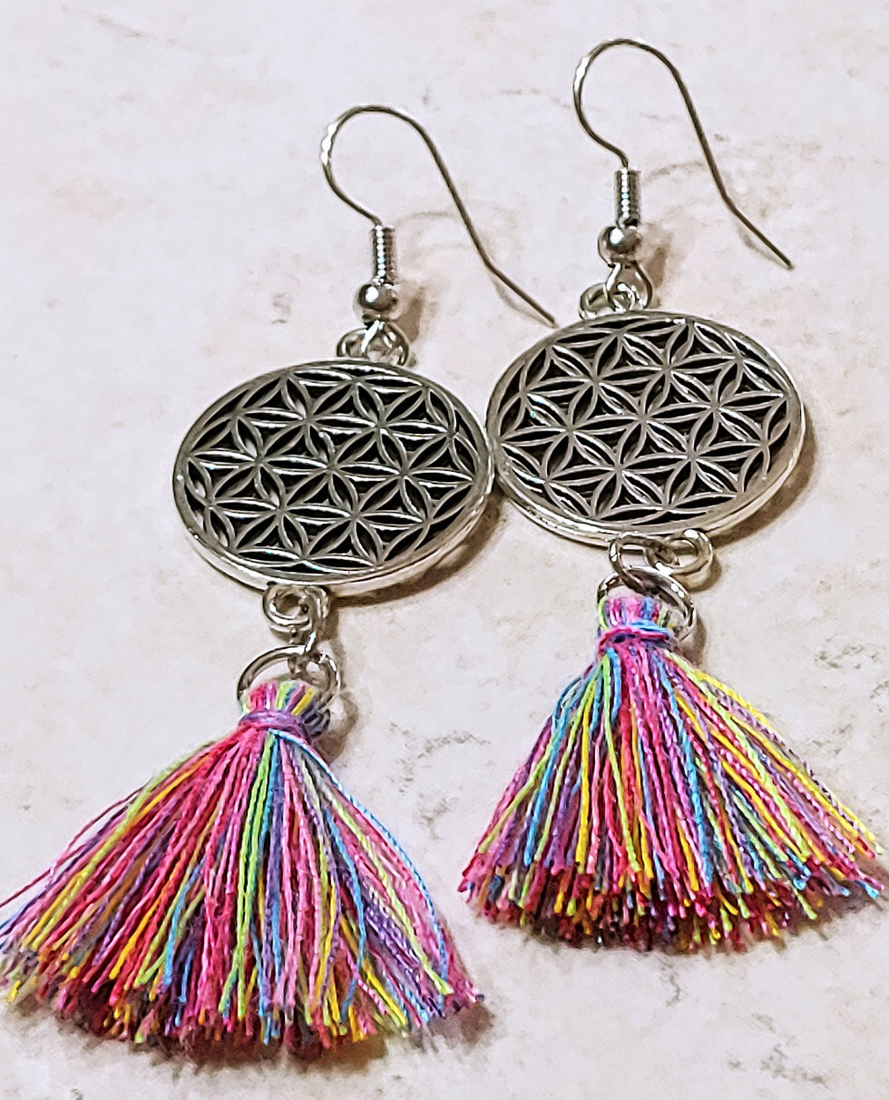 Thumbnail: "Flower of Life" Multi-Colored Tassel Earrings