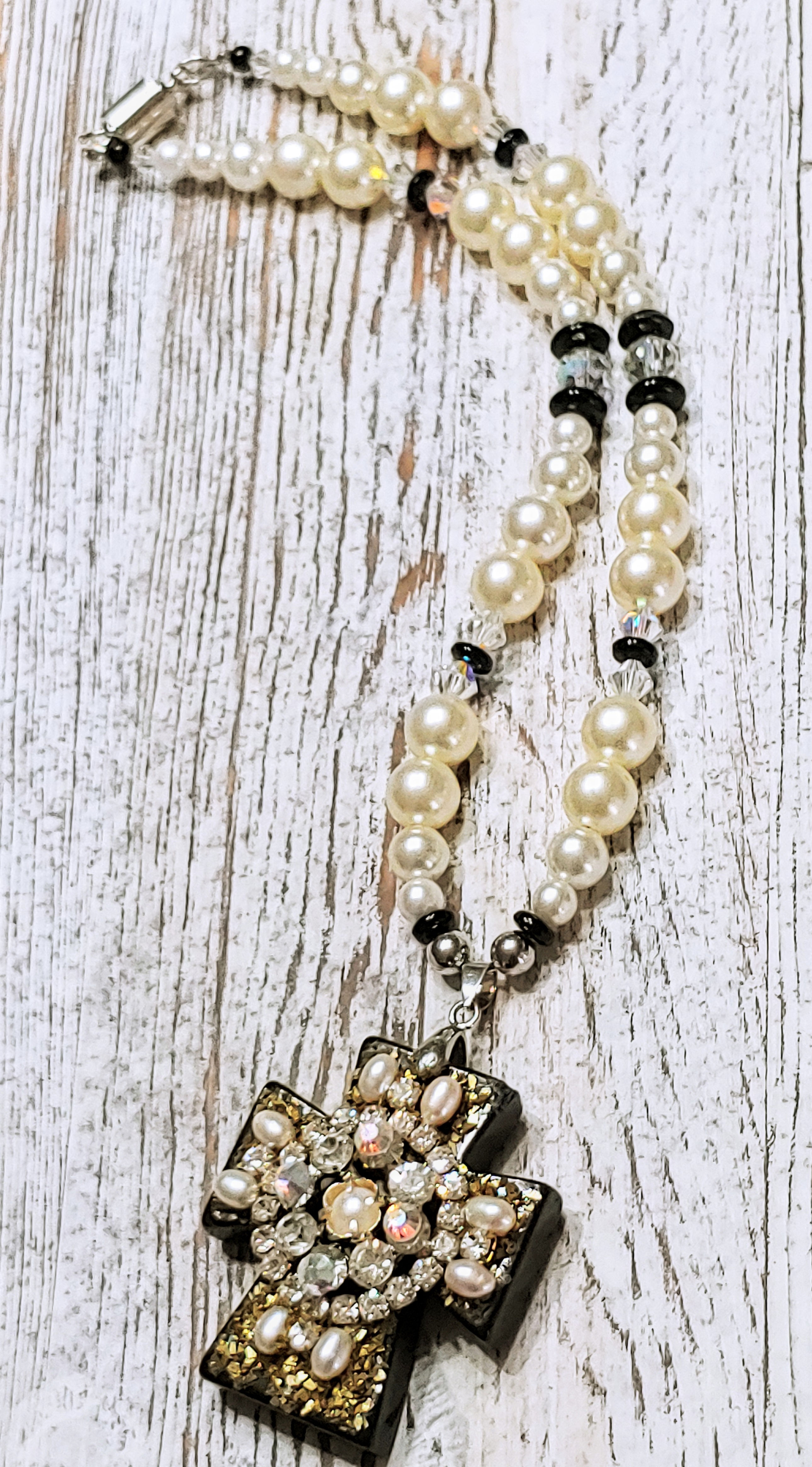 Crystal & Pearl Cross Necklace