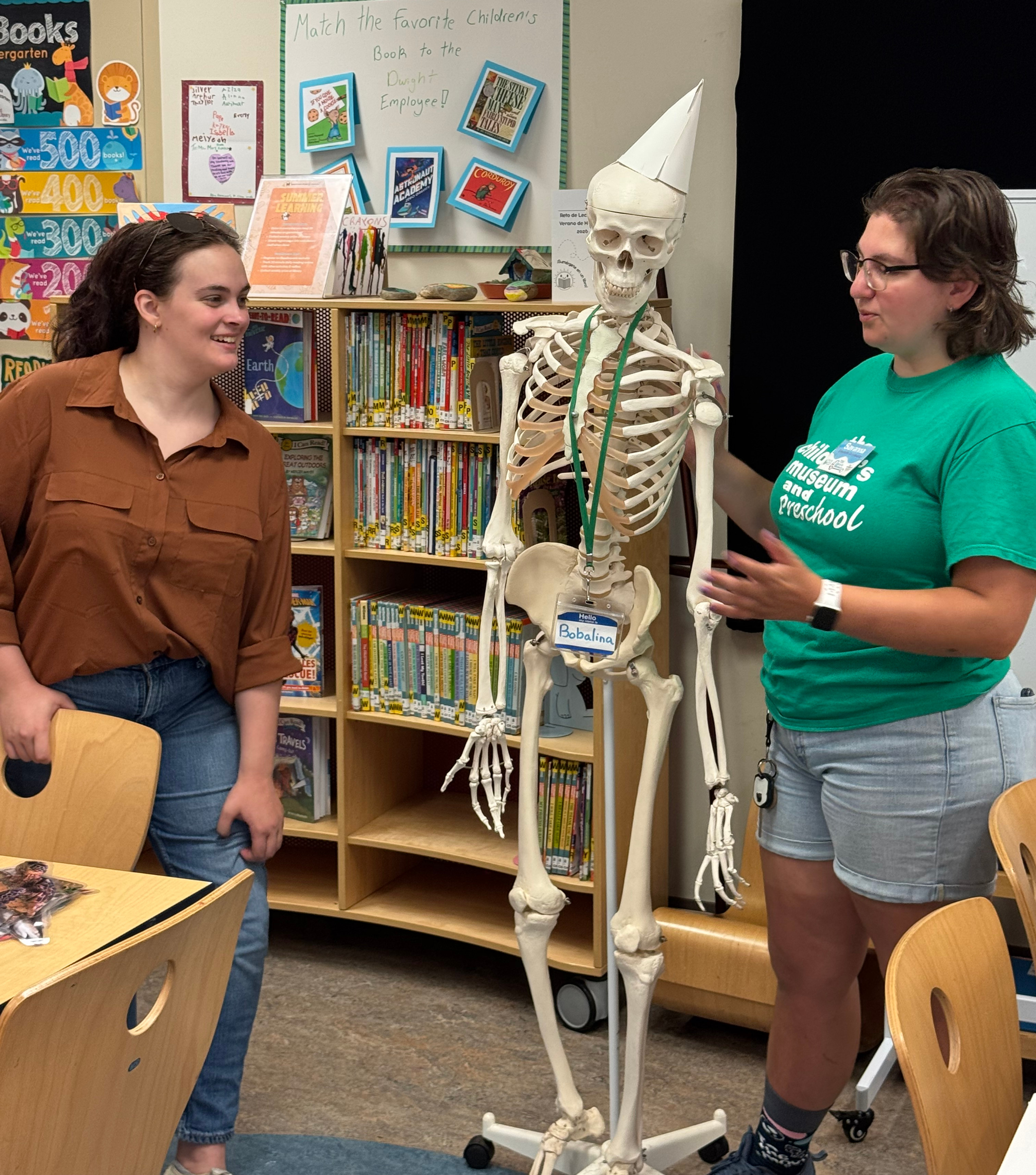 TCM educators Rachel Blanchard and Savanna Arcuri use Bobalina, the office mascot, to educate during a “Your Skin and What’s Within” program on bones.